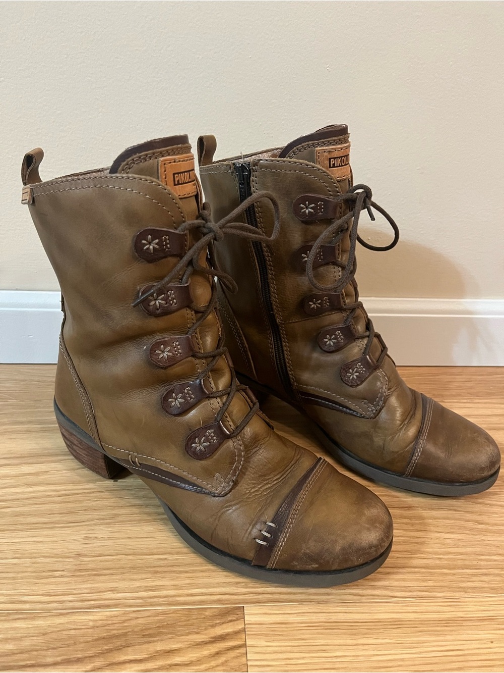 Pikolinos Brown Leather Lace Up Side Zip Boots